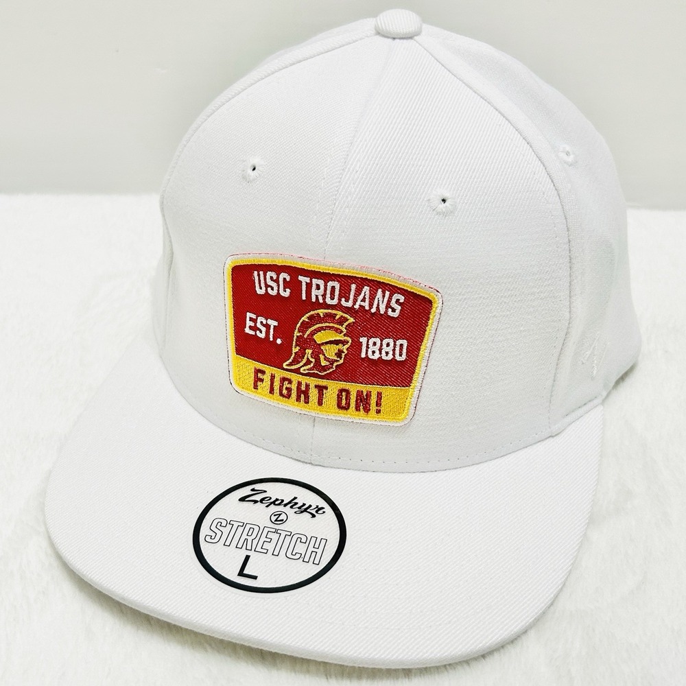 Zephyr USC Trojans Logo Patch Flat Bill Hat Cap Stretch Flex Large White NCAA